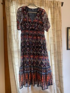 Old Navy Navy and Orange Geometric Maxi Dress